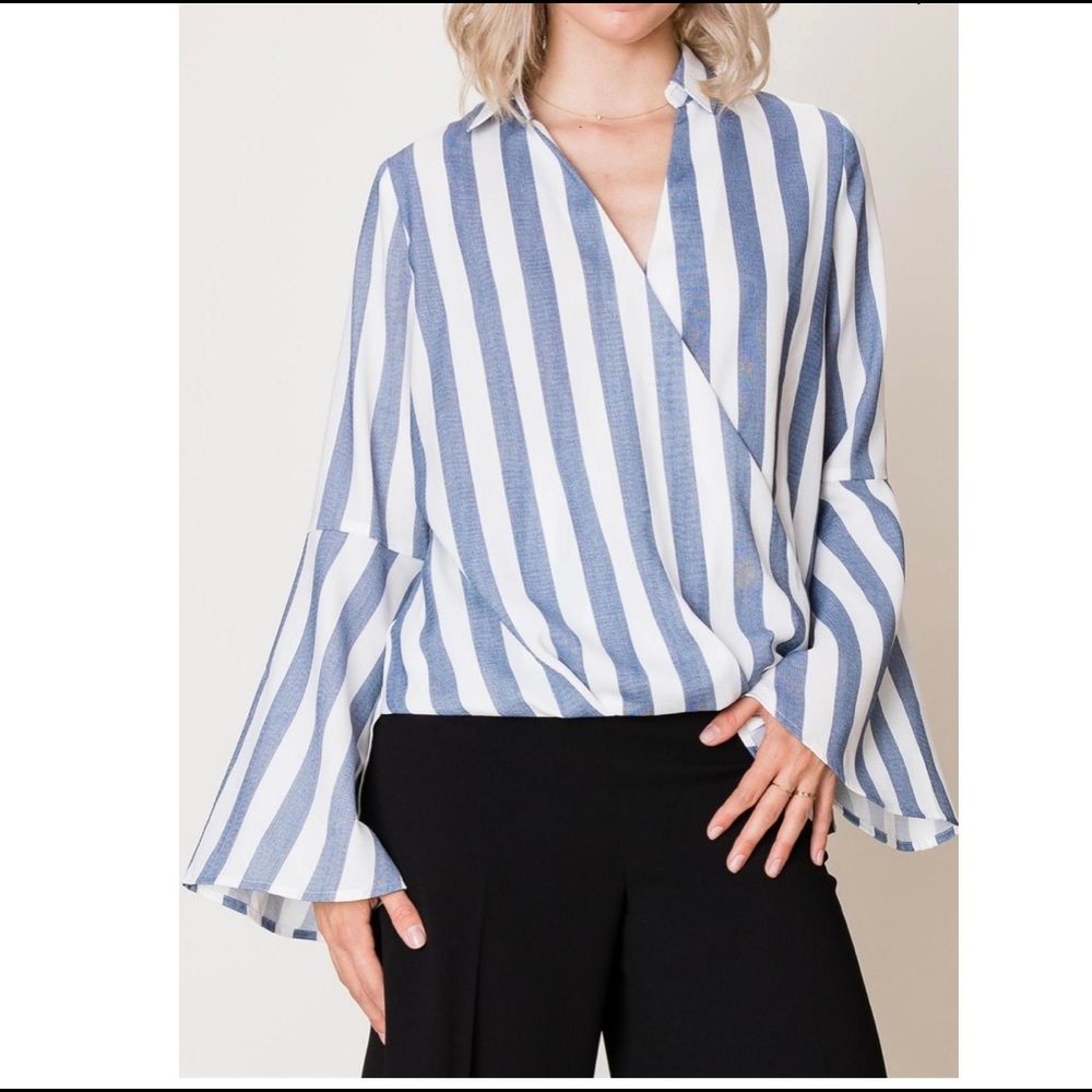 Blue and White Stripe Wrap Blouse with Wide Bell Sleeve
Brand: HYFVE Size Small